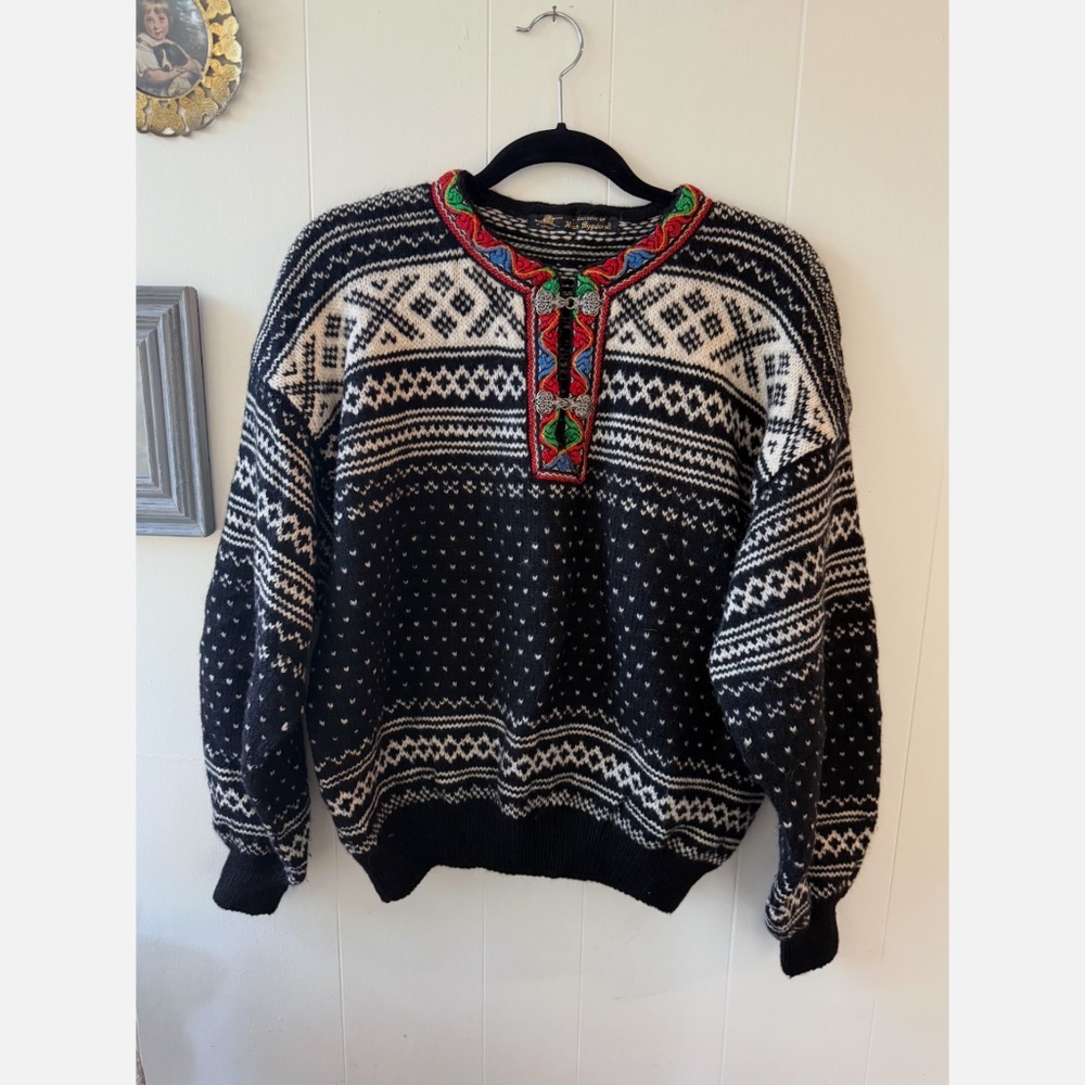 Handmade Nordic Wool Fair Isle Sweater Black Cream Silver Clasps Ribbon